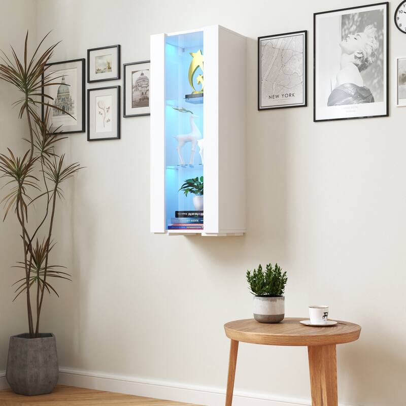 Floating Wall Cabinet Display Cabinet with Lights, Floor Storage Display Case with Glass Shelves for Living Room, Office