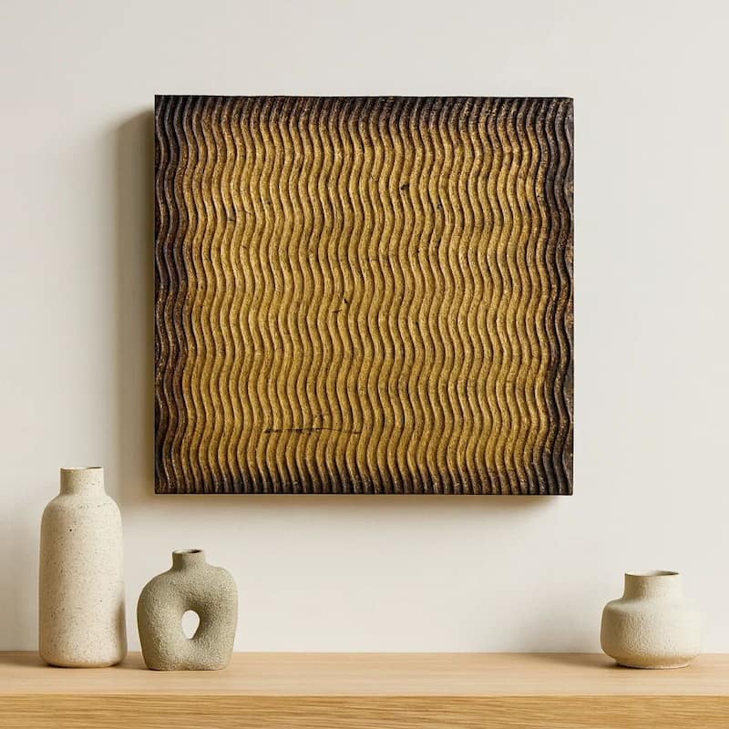 Modern Style Wood Wall Decor with Patterned Carving, Large, Gold & Brown - 6 x 12