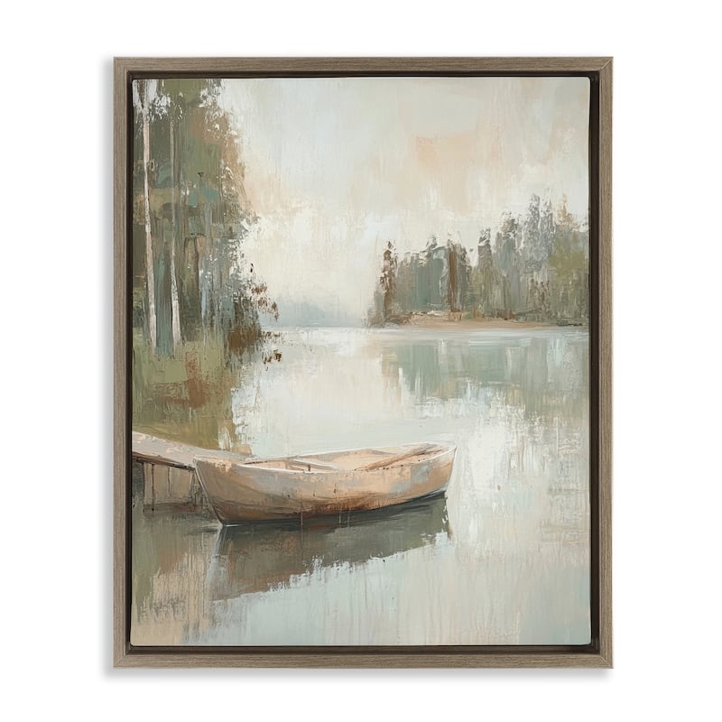 Stupell Canoe at Quiet Dock Framed Floater Canvas Wall Art Design By Petal Prints Design - 17 x 21 - Brown