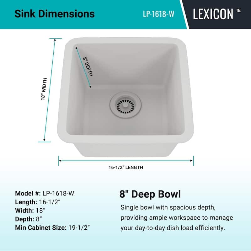 16" x 18" Quartz Single Bowl Kitchen Sink, Drop-In/Undermount, Granite Composite with Steel Grids & Basket Strainer,...