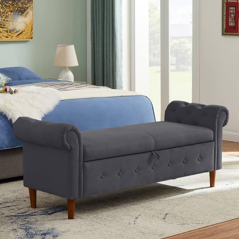 Multipurpose Rectangular Linen Sofa Stool with Large Space Saving Storage, 4 Rubber Wood Feet - 63 x 22.1 x 24.1 inch - Dark Gray