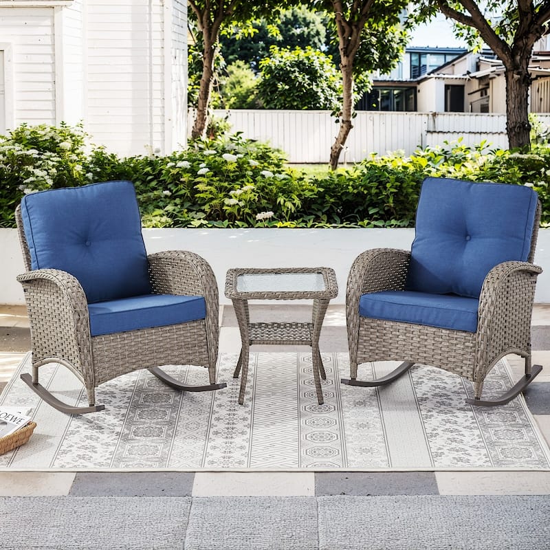 Pocassy Outdoor Rocking Chair Patio Rattan Rocker Chair - Grey - Blue