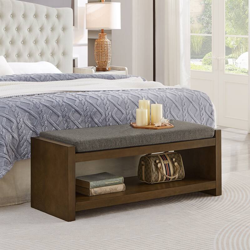 GDFStudio - Layla 47" Modern Linen Bench with Padded Seat & Shoe Rack - Granite