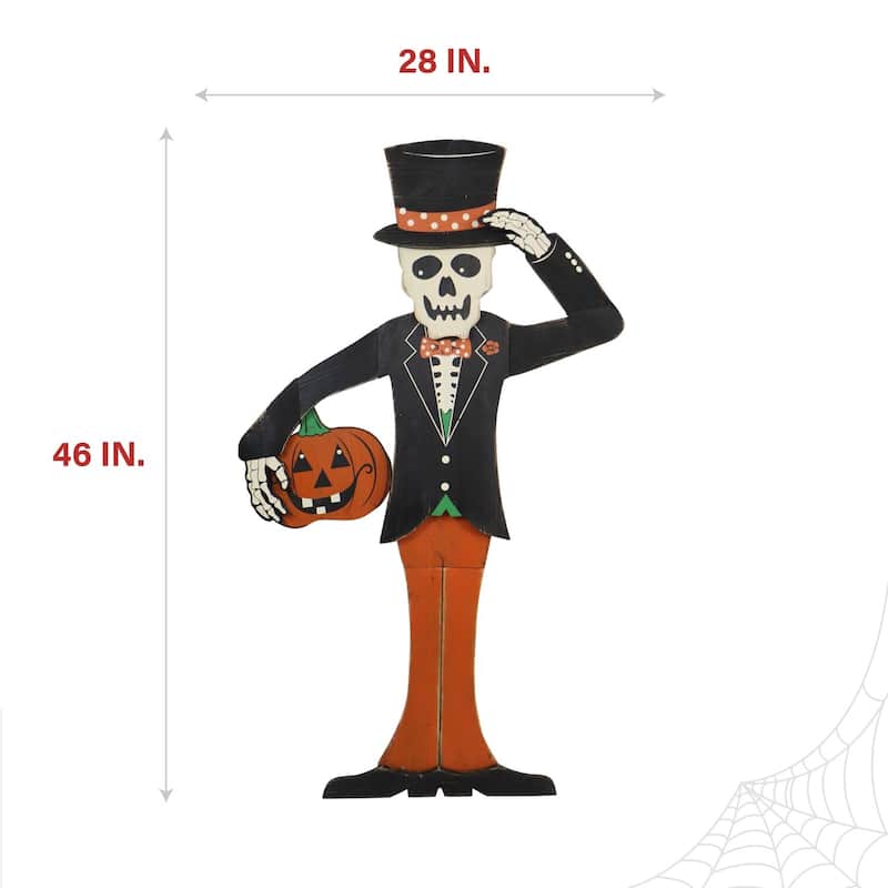 Haunted Hill Farm 46-In. Skeleton Holding a Carved Pumpkin Wood Yard Stake for Halloween Decoration