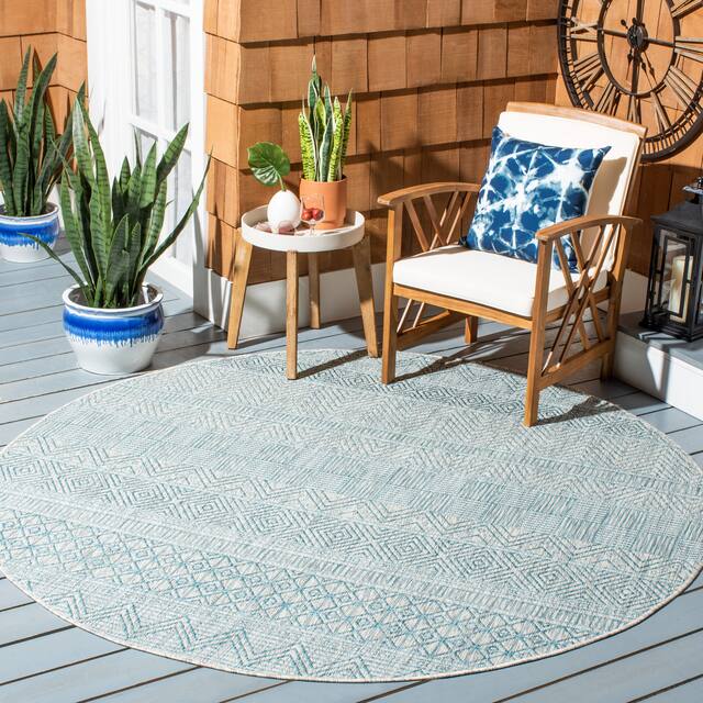 SAFAVIEH Courtyard Zorana Indoor/ Outdoor Waterproof Patio Backyard Rug - 6'7" x 6'7" Round - Light Grey/Aqua
