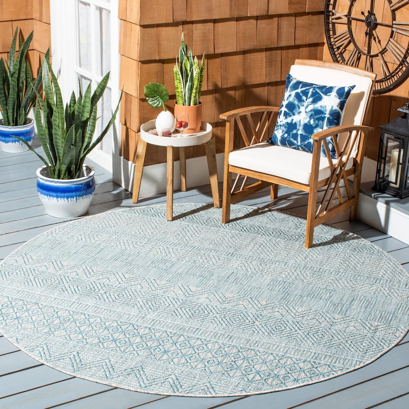 SAFAVIEH Courtyard Zorana Indoor/ Outdoor Waterproof Patio Backyard Rug - 6'7" x 6'7" Round - Light Grey/Aqua