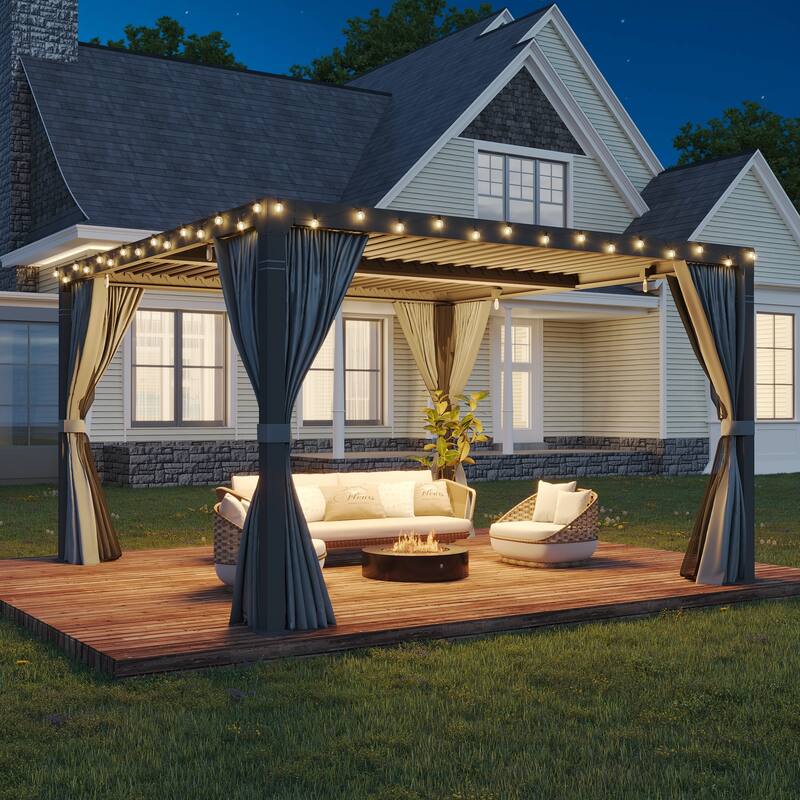 Outdoor Louvered Pergola, Outdoor Patio Hardtop Gazebo, Adjustable Metal Roof Curtains and Netting Included