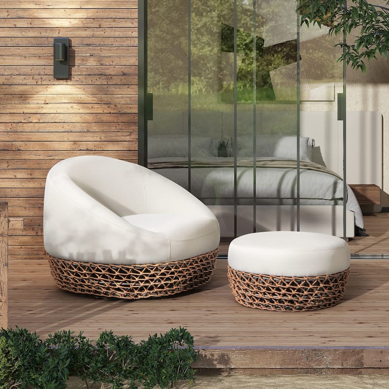 Willow 35.5" Woven Patio Outdoor Armchair with Ottoman