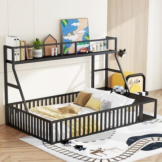 Full Size Floor Bed Frame with Safety Fence,Metal Floor Bed with Desk and Storage Shelves,Playhouse for Kids,Black