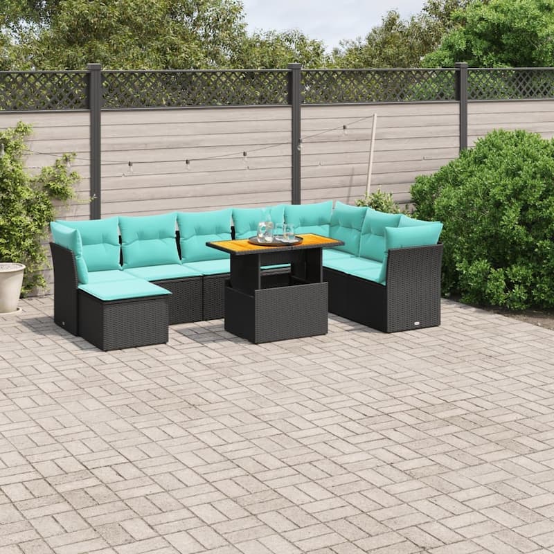 vidaXL Patio Sofa Set with Cushions Outdoor Furniture 9 Piece Poly Rattan - 24.4" x 24.4" x 27.2" - Black