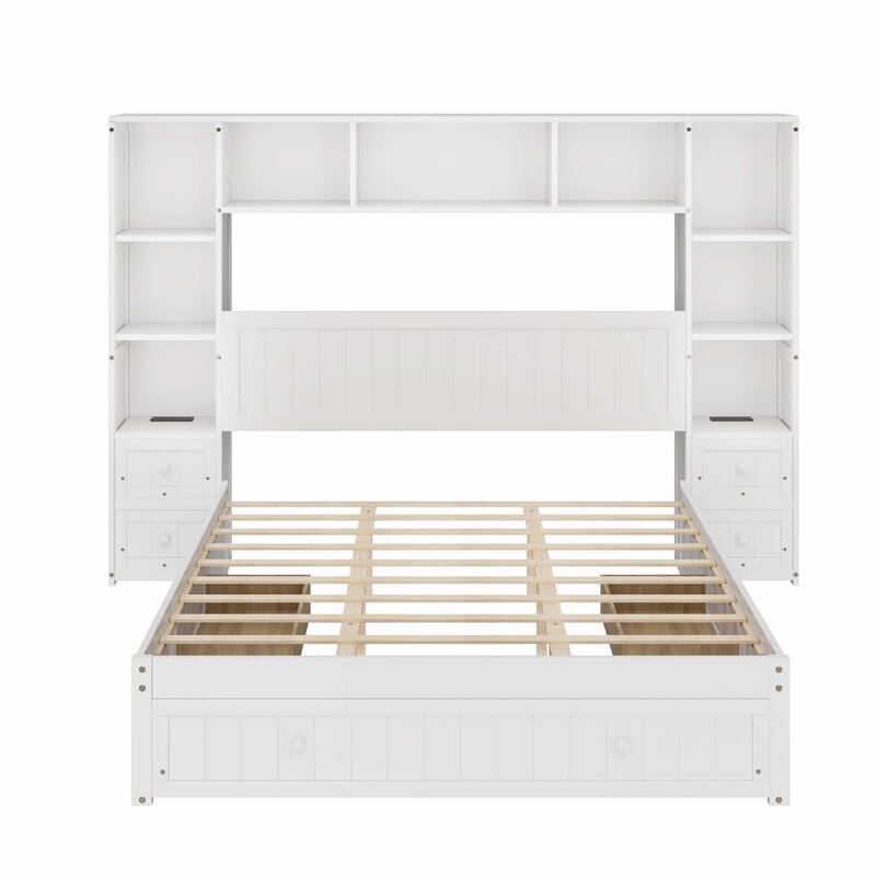 Platform Bed with All-In-One 2 Nightstand, Bookcase with 2 Charging Stations