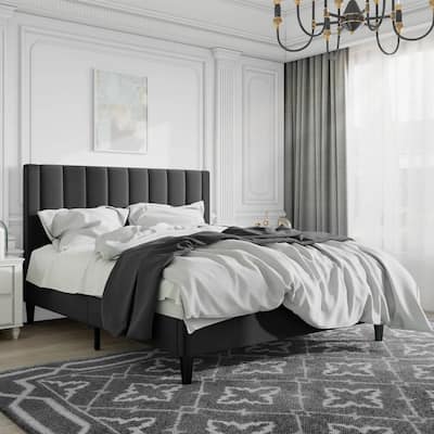 Velvet Upholstered Platform Bed Frame with Sturdy Slats and Headboard