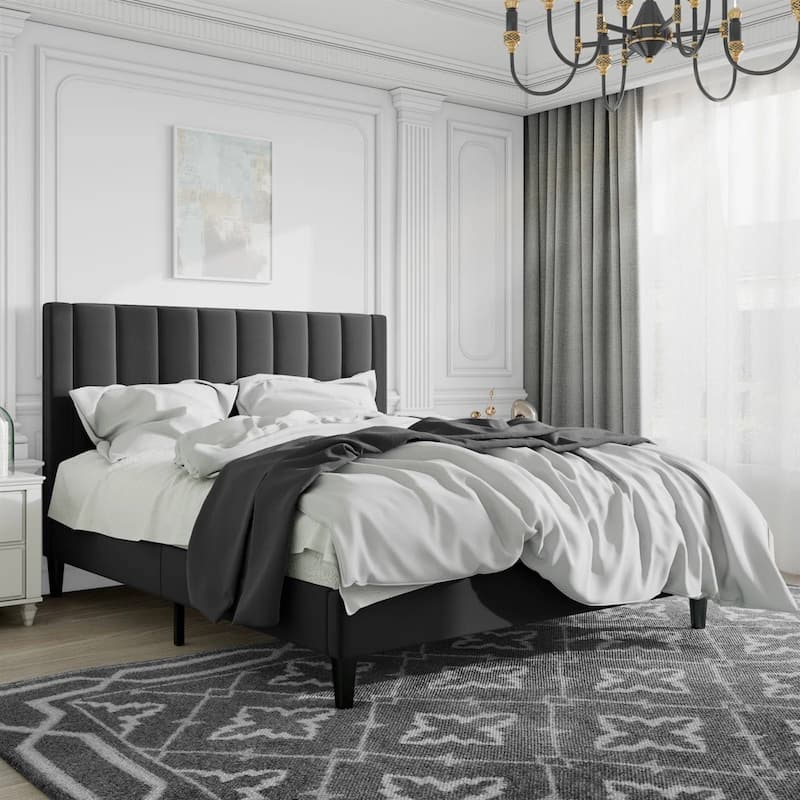 Velvet Upholstered Platform Bed Frame with Headboard - Black - Full