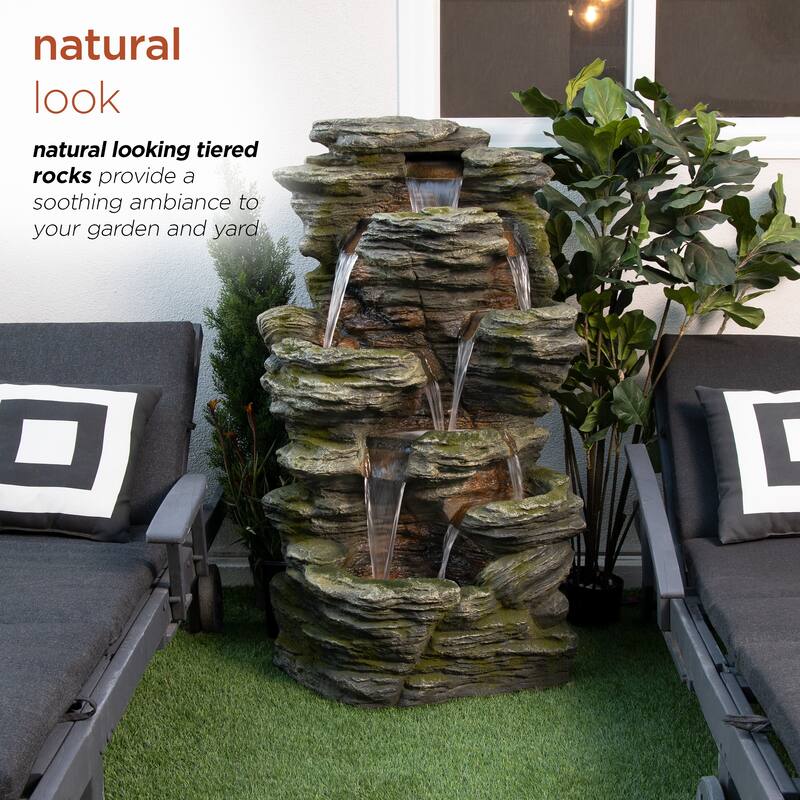 Alpine Corporation WIN1092 51" Brown Outdoor Floor Multitiered Rock Waterfall Fountain with LED Lights