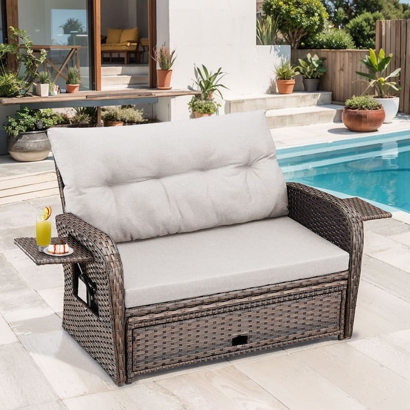Gymojoy Adjustable Outdoor Wicker Daybed Patio Sofa Bed, 5-Position with Storage Ottoman