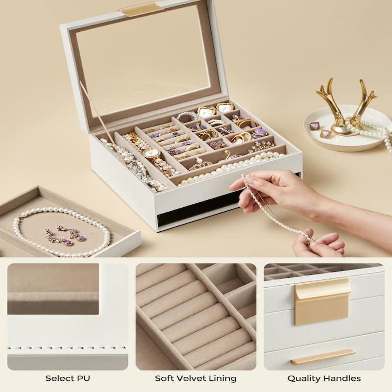 Modern Jewelry Organizer with Multiple Drawers Glass Top and Velvet Interior for Storage