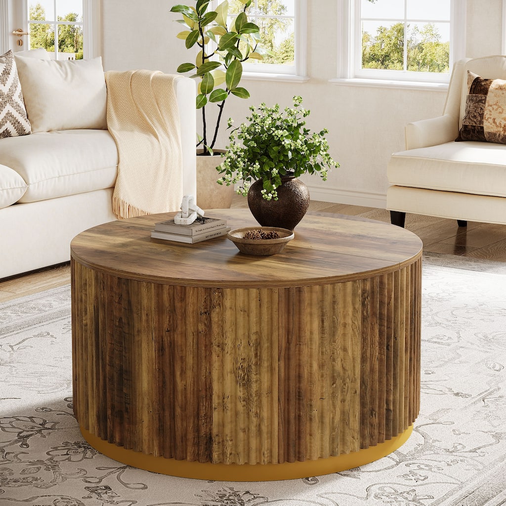 31.5" Round Coffee Table, Fluted Wooden Center Table with Sturdy Base