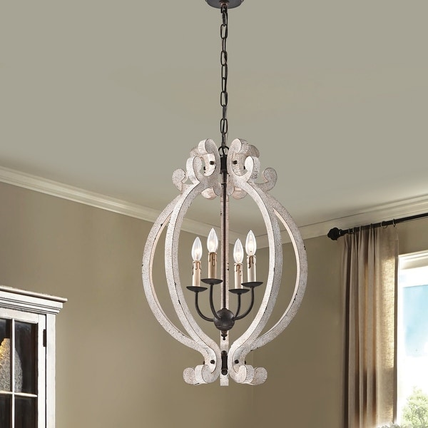 Off White Distressed Wood and Antique Bronze 4-Light Farmhouse Chandelier. Opens flyout.
