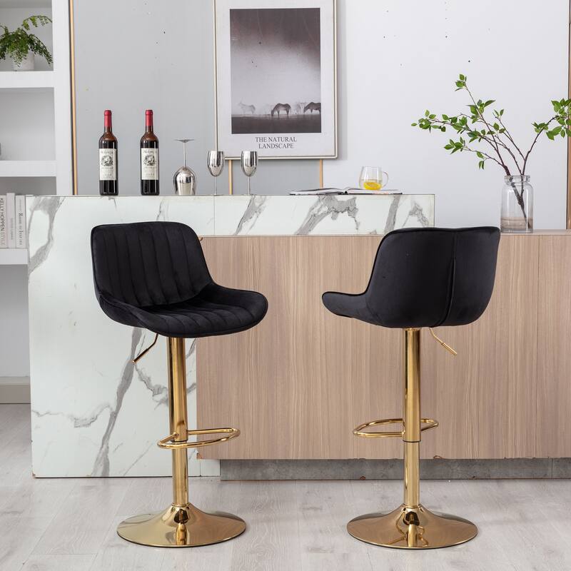 2 Velvet Bar Stools with Chrome Footrest and Base Swivel Height Adjustable - N/A