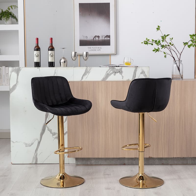 Set of 2 Adjustable Swivel Bar Stools, Black Velvet with Chrome Footrest & Gold Legs