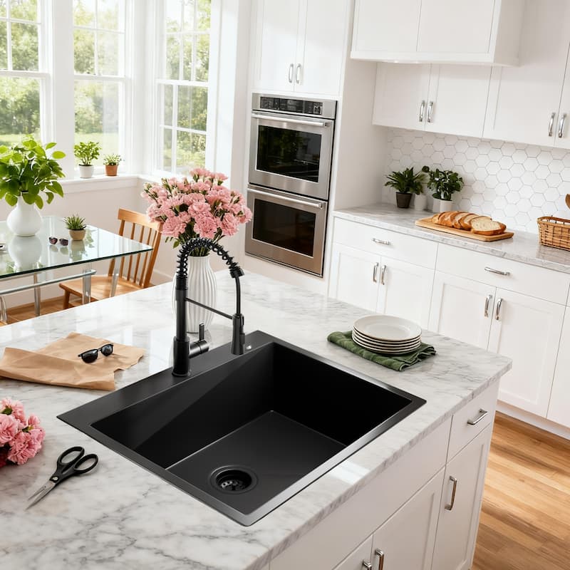 25 inch Drop-in Single Bowl Kitchen Sink, 18 Gauge Stainless Steel Kitchen Sink, Handmade Topmount Sink