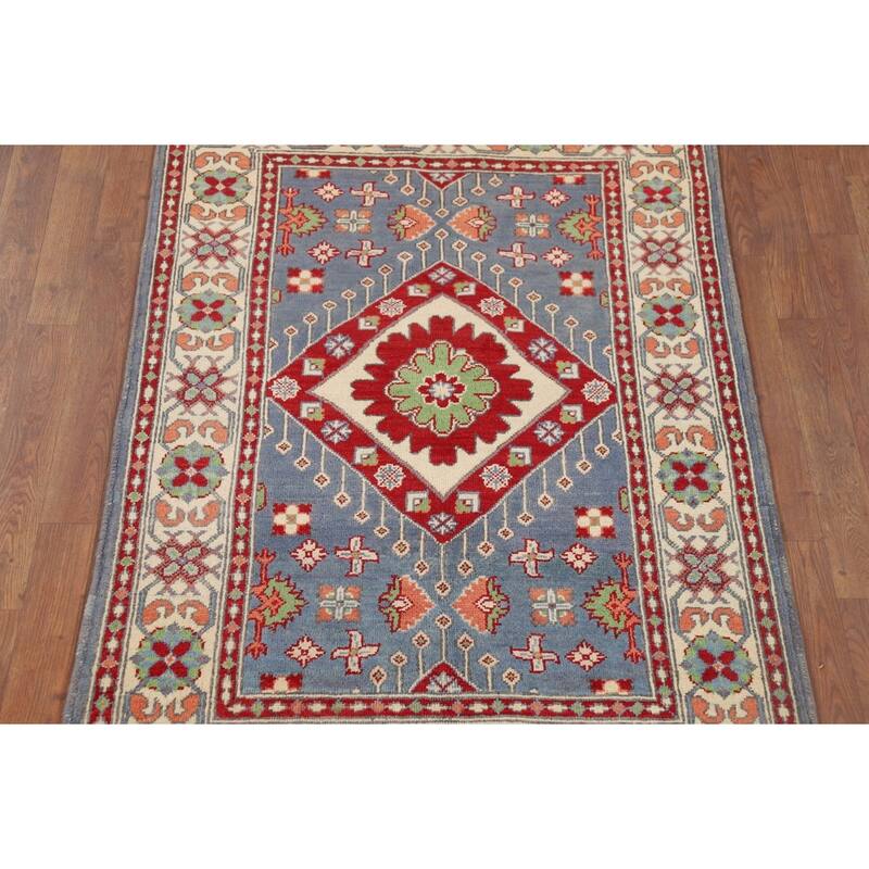 Geometric Blue Kazak Oriental Foyer Rug Hand-Knotted Wool Carpet - 3'4" x 4'11"