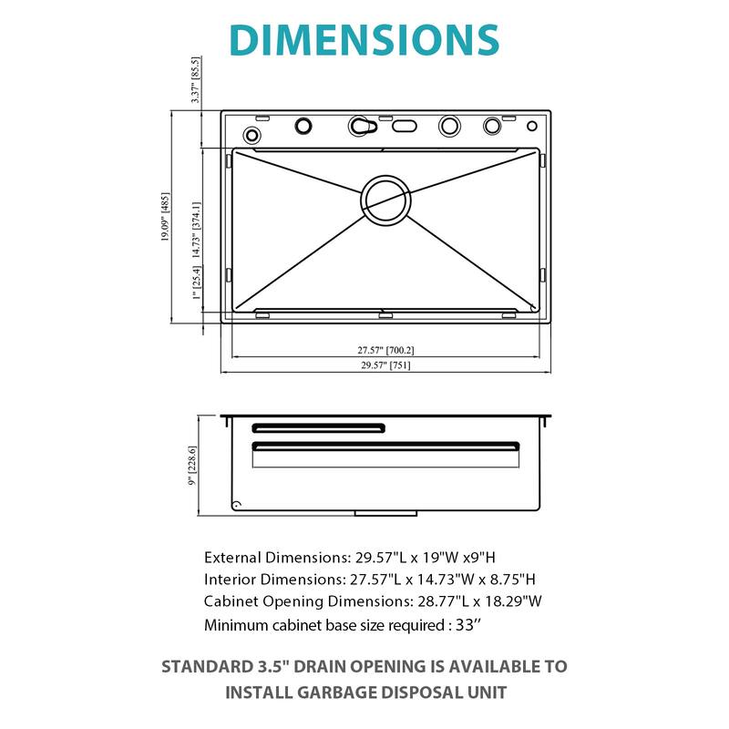 30" Drop-In 16 Gauge Single Bowl Stainless Steel Smart Digital Kitchen Sink with Faucet in Gunmetal Black - 30'' x 19'' x 9''