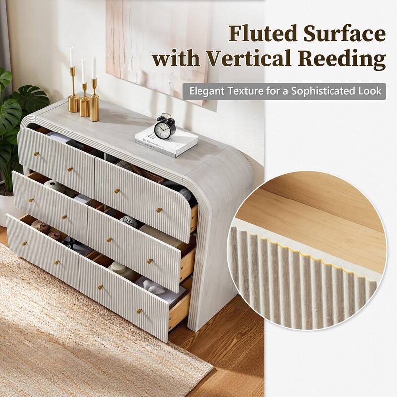 Modern Fluted 6 Drawers Dresser, Wood Chest of Drawers for Bedroom