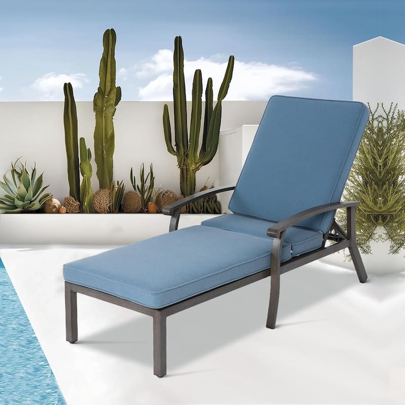 Outdoor Aluminum Reclining 5-Position Adjustable Backrest Chaise Lounge with Cushion - Blue