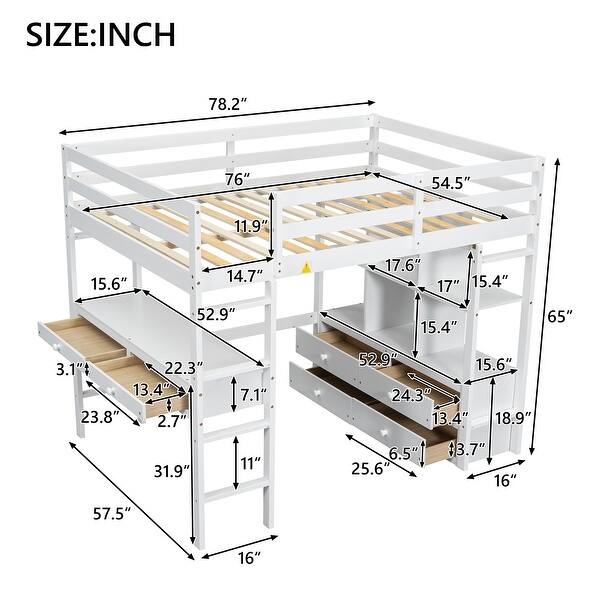 Full Size Loft Bed with Desk, Drawers, and Shelves, White