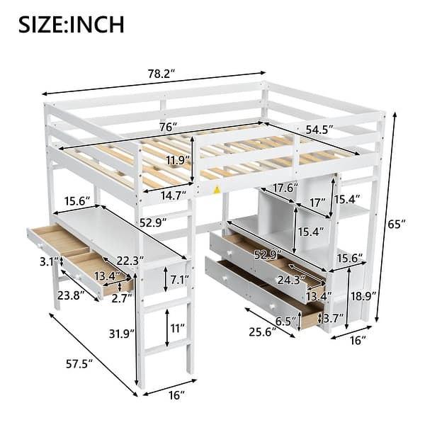 dimension image slide 1 of 4, Pine Wood Loft Bed with Built-in Desk, Drawers, and Storage