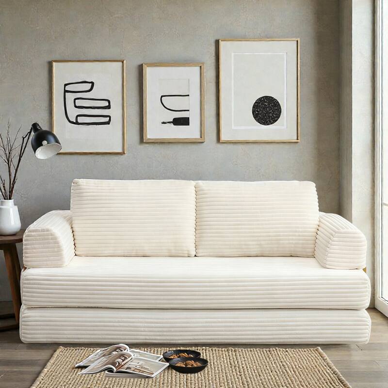 Convertible Sofa Bed Futon, Corduroy Folding Floor Couch with Pillows, Boneless Sleeper Mattress for Living Room