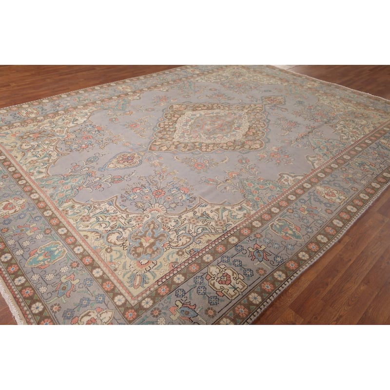 Traditional Gray Tabriz Persian Vintage Rug Hand-Knotted Wool Carpet - 9'6"x 12'11"