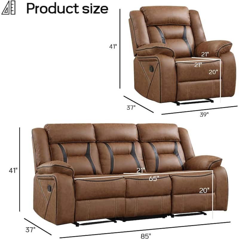 Manual Recliner Sofa Set, Faux Leather Reclining Living Room Furniture Set