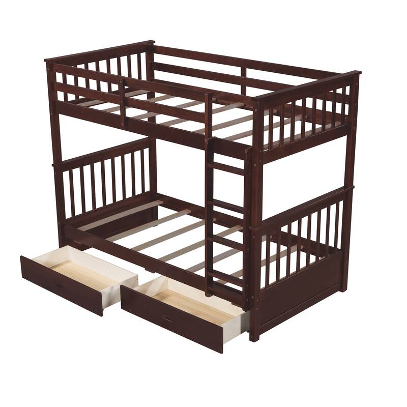 Twin Over Twin Bunk Bed Convertible 2 Platform Beds, Wooden Panel Bed with Ladder, Guardrail and 2 Drawers