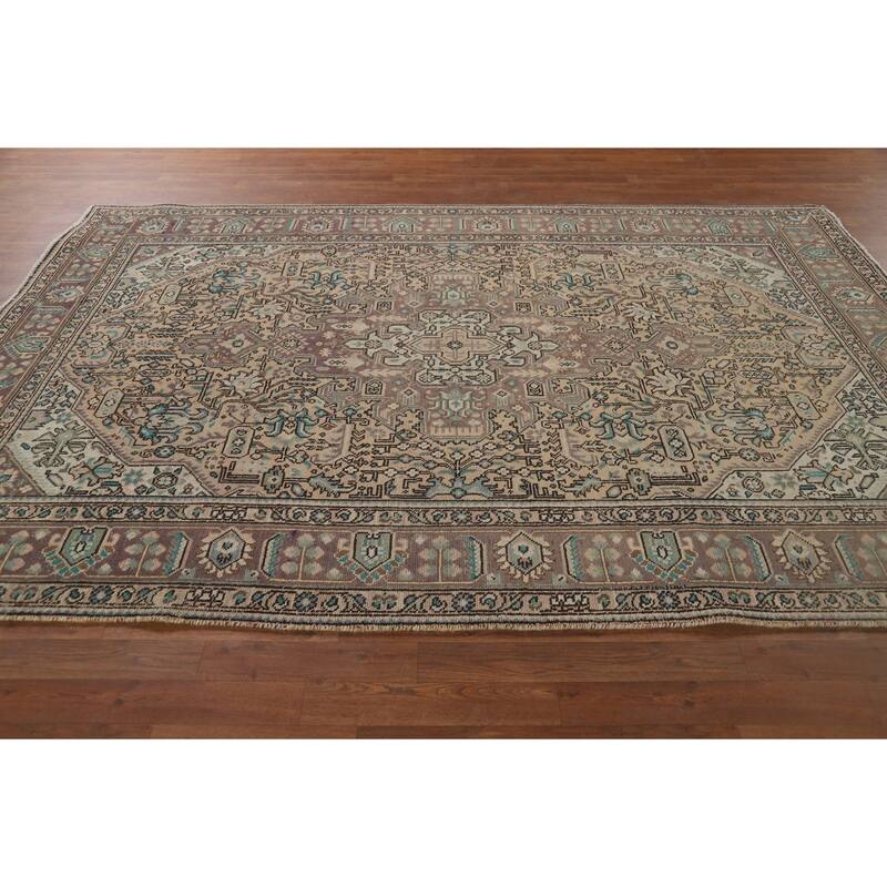Geometric Tabriz Vintage Persian Area Rug Handmade Peach Wool Carpet - 6'5" x 9'5"
