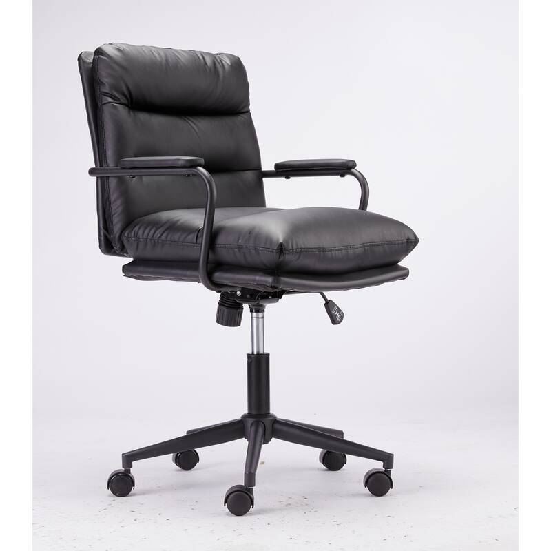Black Mid Back Leather Office Chair with Arms and Wheels for Home Office