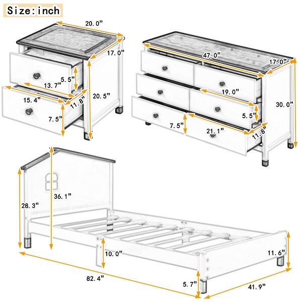 dimension image slide 1 of 2, 3-Pieces Bedroom Sets, Platform Bed Frame with Nightstand & Storage Dresser, No Box Spring Needed, Easy Assembly