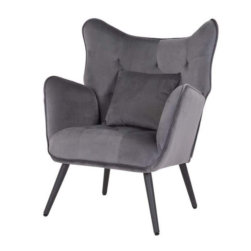 Ive 30 Inch Accent Chair, Wingback, Padded Gray Velvet Upholstery, Black