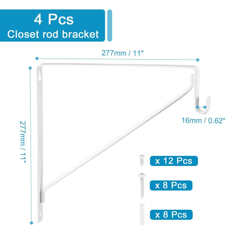 Closet Rod Brackets Holder 4Pcs, 11 x 11 Inch Closet Shelf Bracket - White
