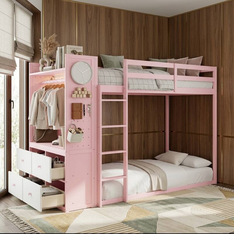 Twin Bunk Bed with Storage, Shelves, and LED Light Strip by Harper&Bright Designs - Pink
