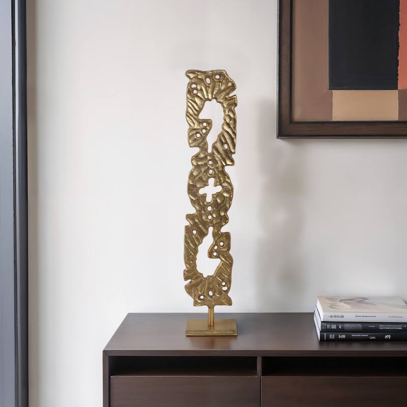 Metal Sculpture with Abstract Cutout Textured Form Modern Art Accent - Gold/ Metallic - 6" x 3" x 28"