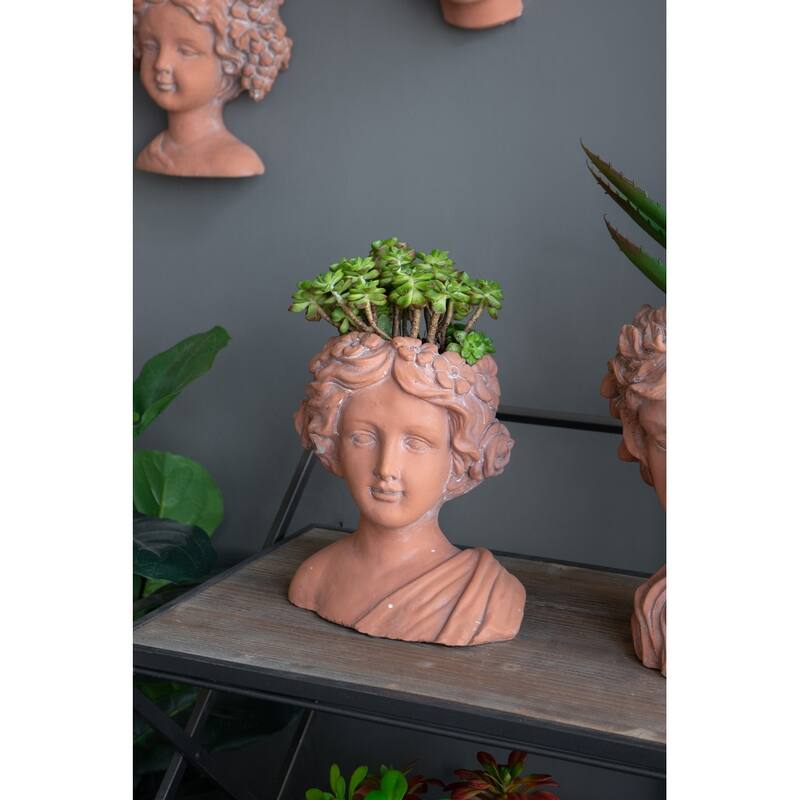 9x5.5x9.5" Brown Head Bust Planter, Greek Style Cement Head Planter - Indoor Outdoor Home Garden Decor