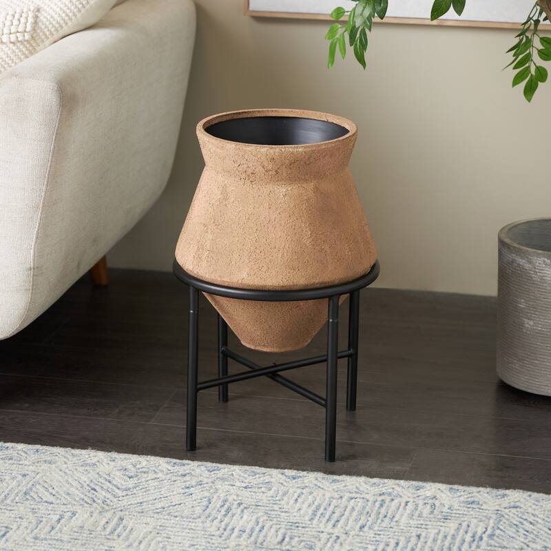 Metal Wide Vase with Black Metal Stands - Beige or Brown - Roche River Decor