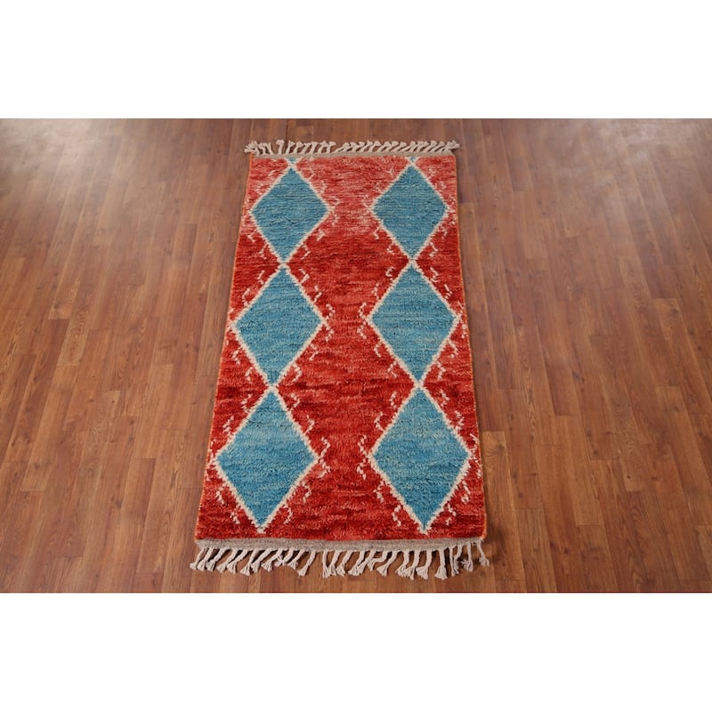 Orange & Blue Plush Moroccan Accent Rug Hand-Knotted Wool Carpet - 2'10" x 5'7"