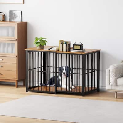 EROMMY Large Adjustable Dog Crate Furniture, Wooden Indoor Dog Kennel with Cushion and Lock, Heavy-Duty Dog Cage End Table