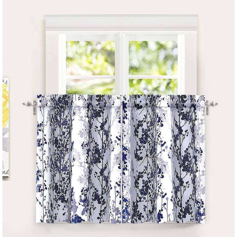 DriftAway Leah Floral Blossom Ink Painting Thermal Room Darkening Kitchen Tier Pair - 29x36 - navy