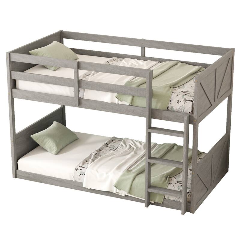 Twin over Twin Floor Bunk Bed w/ Headboard,Footboard,Safety Guardrails