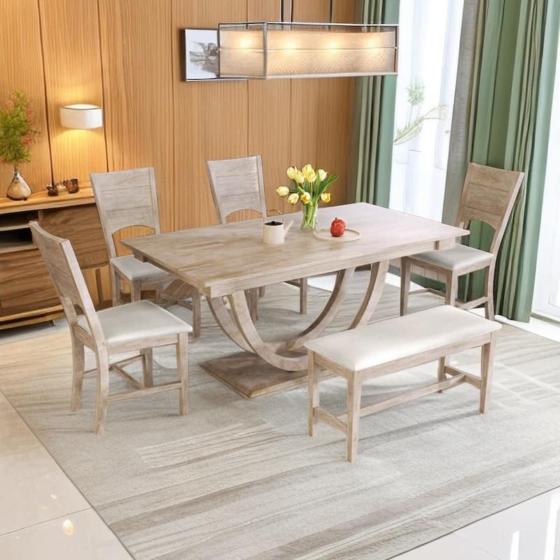 Unique Wood Dining Table Set with Bench and 4 Dining Chairs - Natural+beige
