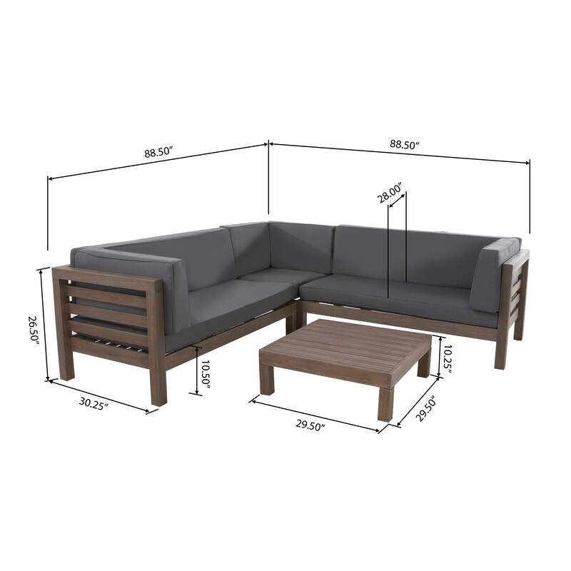 Oana Outdoor 5 Seater V Shaped Mid-Century Modern Acacia Wood Sectional Sofa Set with Coffee Table by Christopher Knight Home